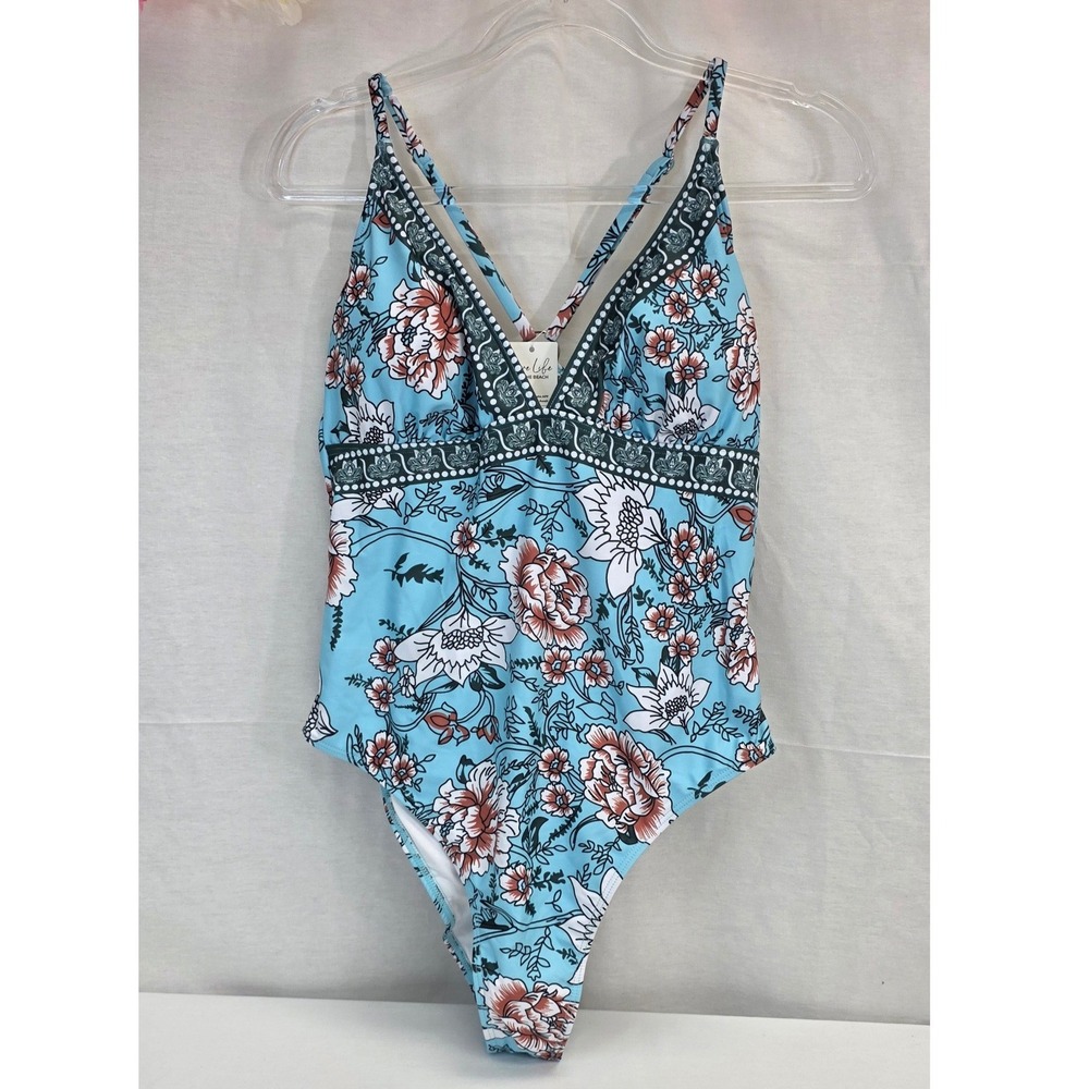 Cupshe Womens Floral One Piece Swimsuit Blue V-Neck Strappy Back